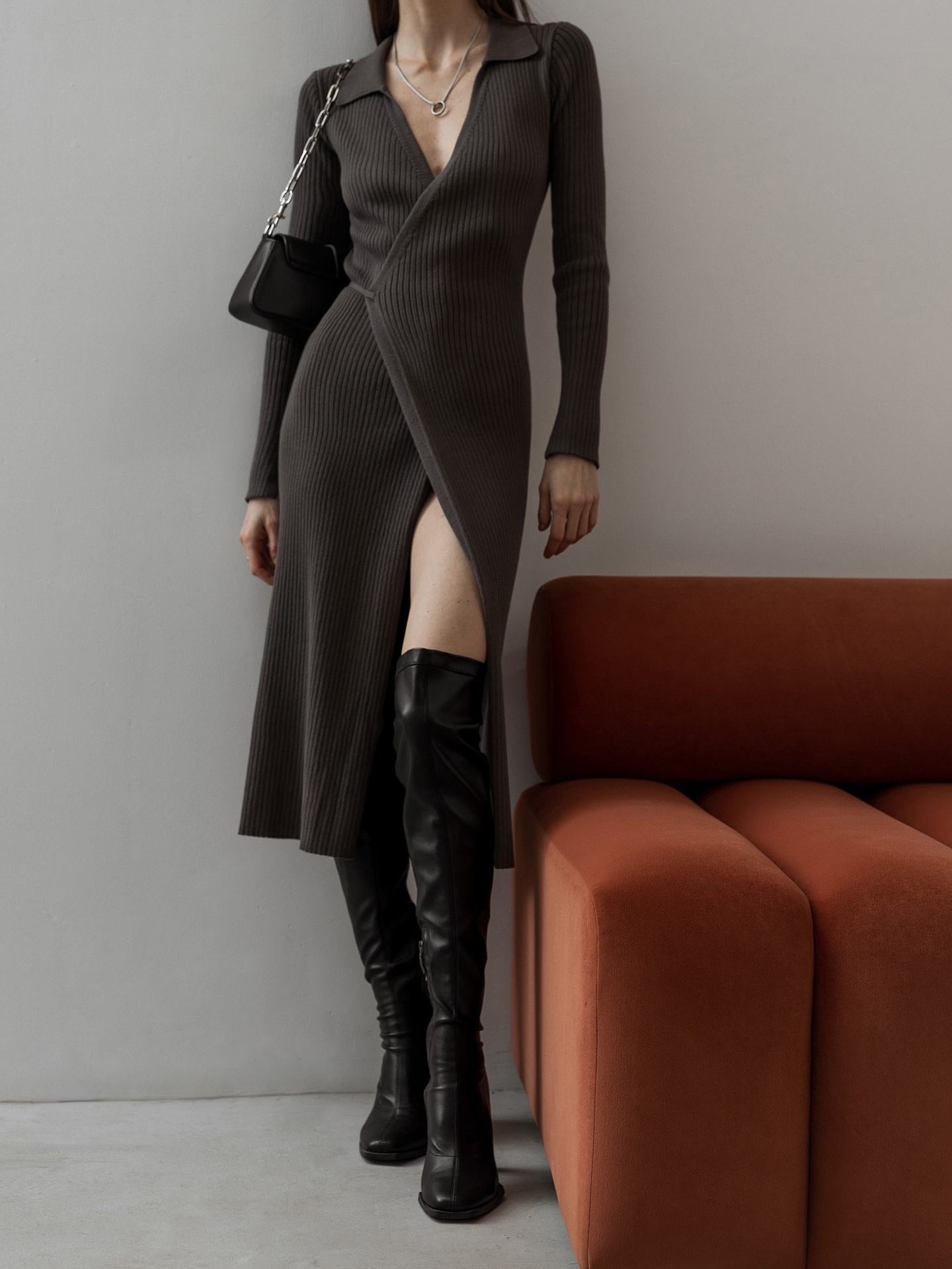 Sexy Polo Neckline Tight Knitted Dresses