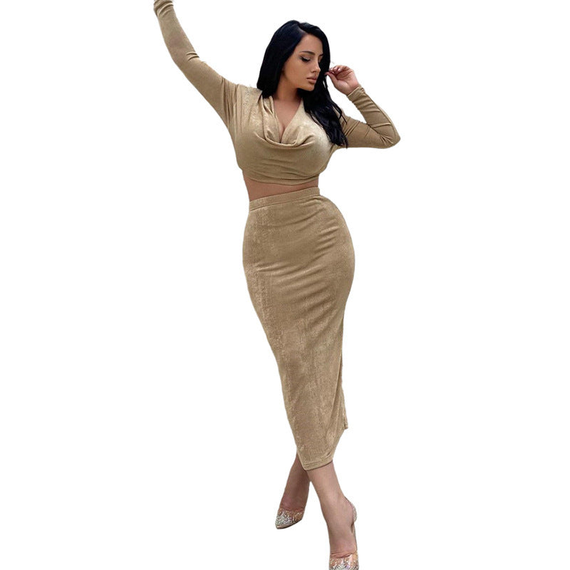 Sexy High Waist Long Sleeves Midriff Baring 2pcs/Set