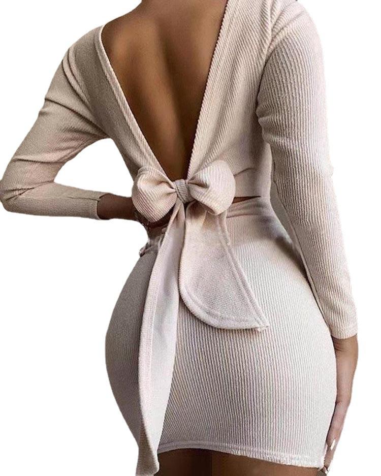 Sexy Bowknot Backless Knitting Mini Dresses-Coffee-S-Free Shipping at meselling99