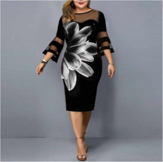 Women Floral Print Plus Sizes Net Fall Dresses