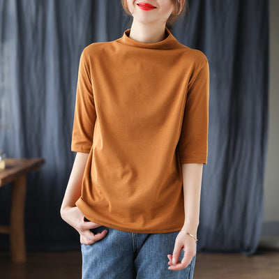 Vintage Half Sleeves Women High Neck T Shirts