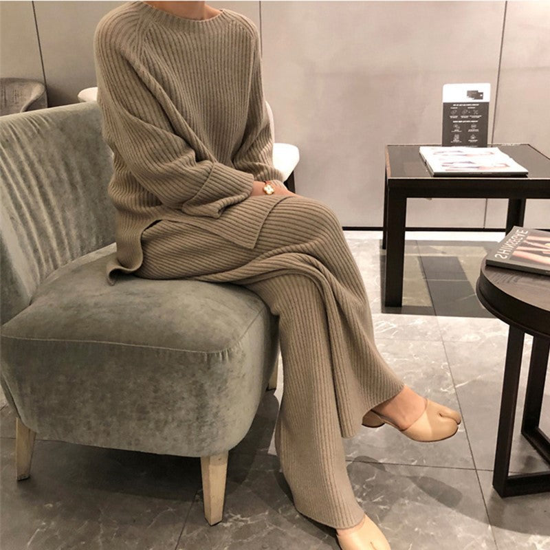 Fall Knitting Pullover Sweaters & Wide Legs Pants Suits