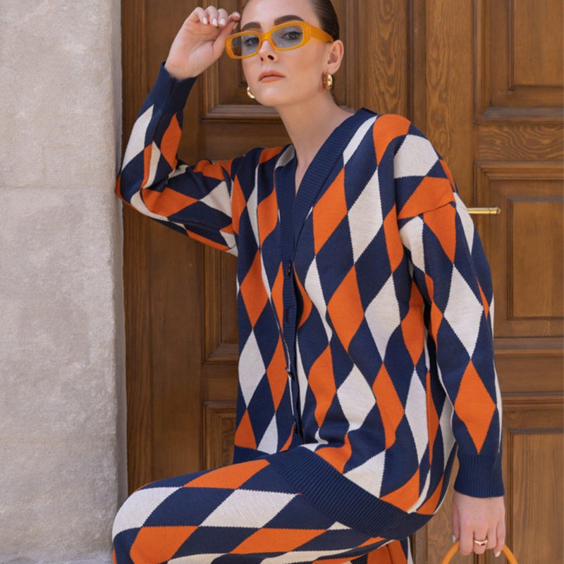 Women Geometry Casual Knitting Top&Pants Two Pieces Suits