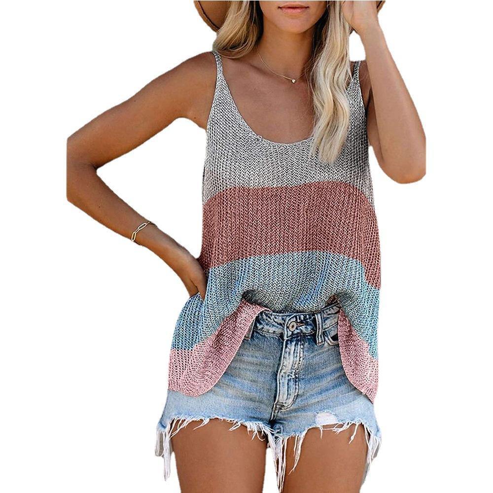 Women Summer Knitting Loose Striped Crop Tops-STYLEGOING