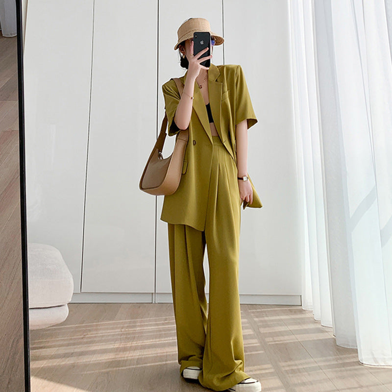 Elegant Short Sleeves Blazer and Wide Leg Pants Summer Outfits for Women