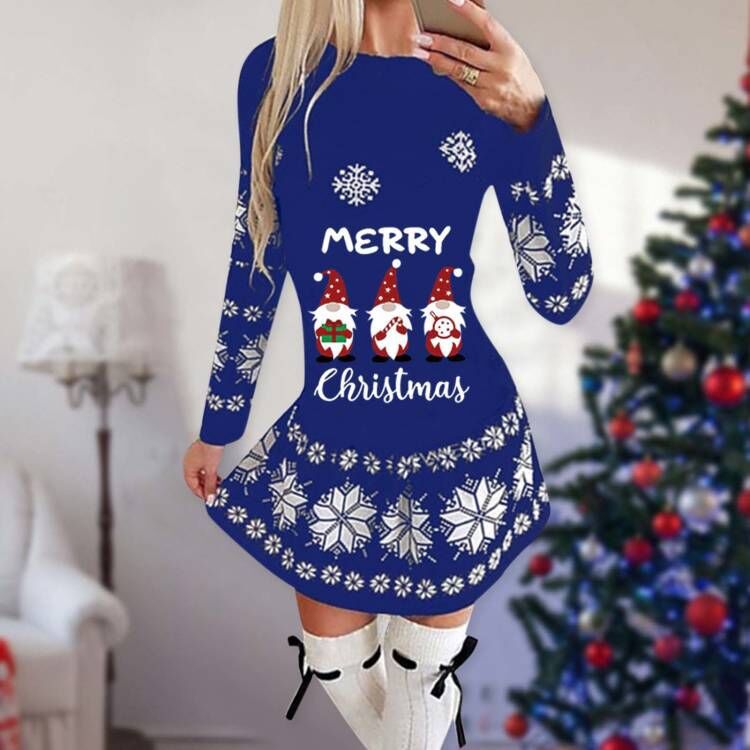 Merry Christmas Print Women Long Sleeves Dresses