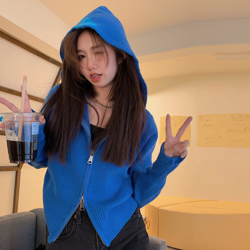 Casual Double Zipper Knitting Hoodies Sweaters