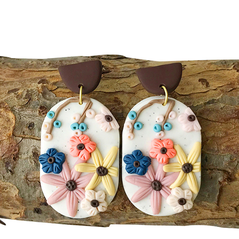 Engraved Flowers Handmade Clay Earrings for Women