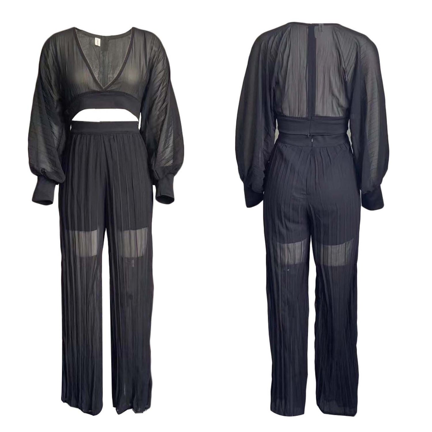 Sexy Women Two Pieces Long Sleeves Short Tops and Wide Legs Pants