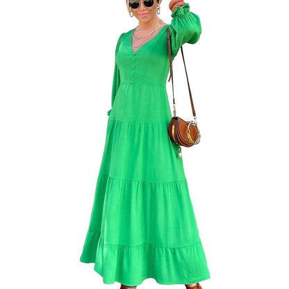 Women Long Sleeves V Neck Fall Long Dresses-STYLEGOING