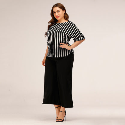 Fashion Striped Plus Sizes Tops and Pants Women Suits