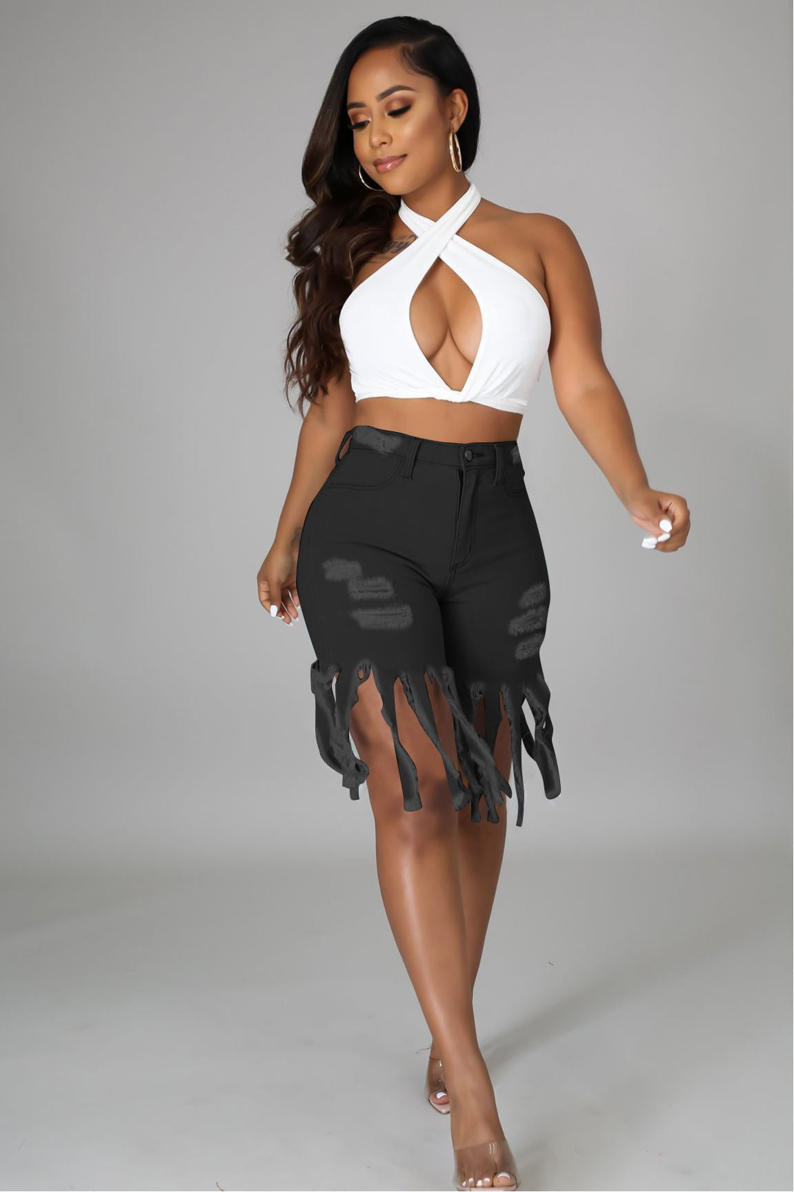 Casual Broken Holes Tassels Short Jeans