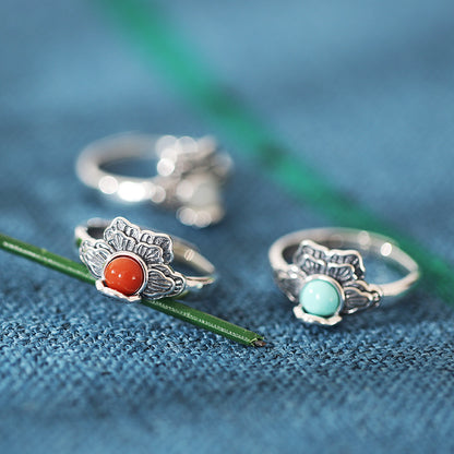 Retro Peony Designed Agate Sterling Silver Rings for Women