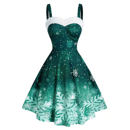 Merry Christmas Suspender Straps Snowflake Women Dresses