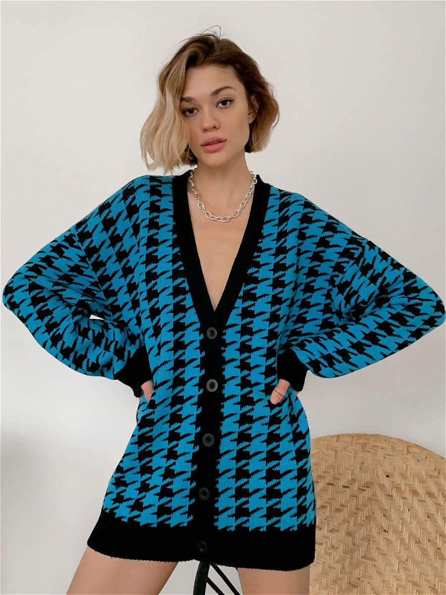 Women V Neck Kntting Plaid Long Sleeves Cardigan Overcoat-STYLEGOING