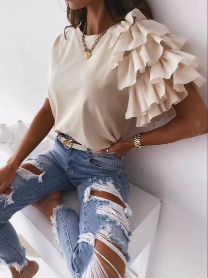 Casual Ruffled Design Women Short Sleeves T Shirts