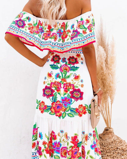 Summer Off The Shoudler Floral Print Long Dresses-STYLEGOING