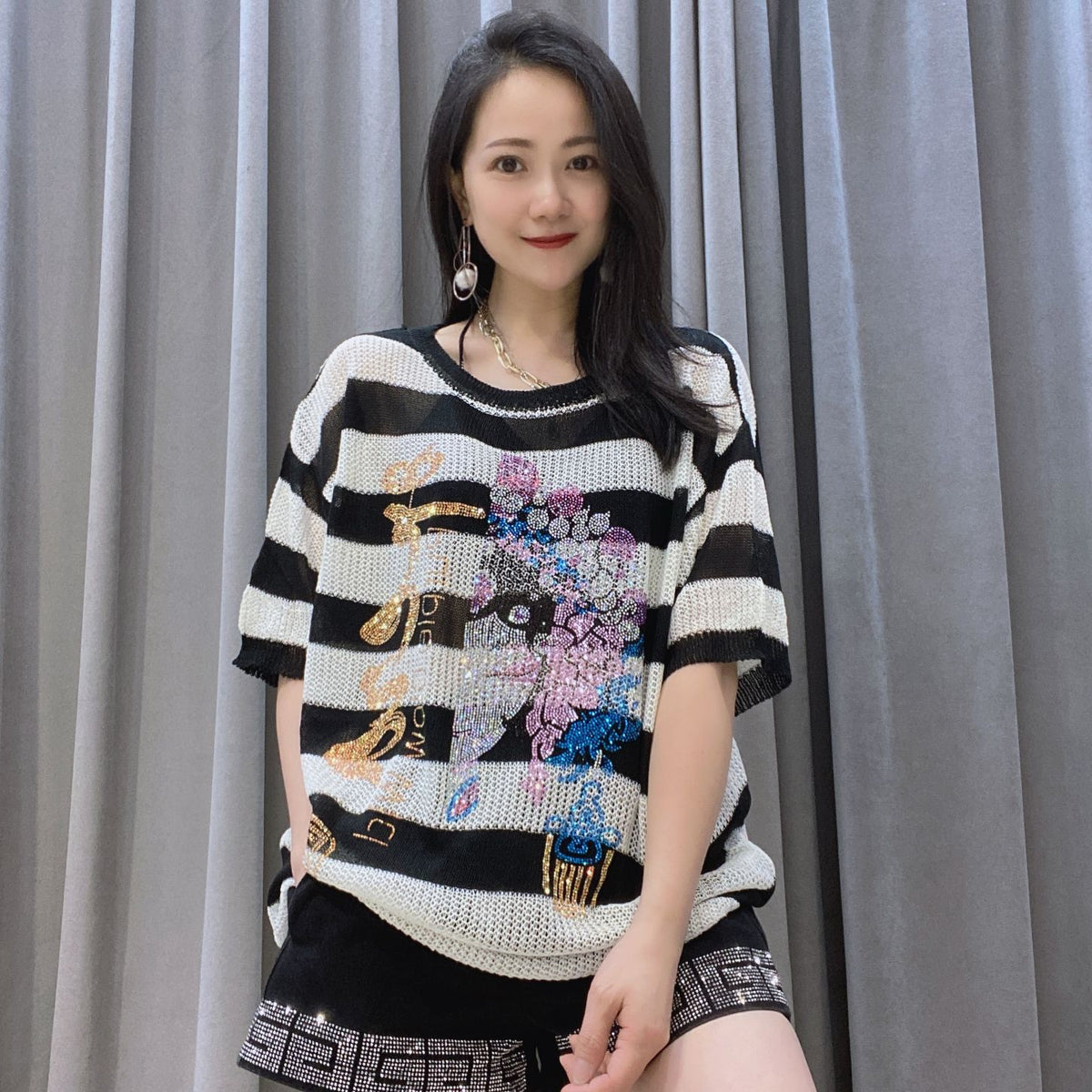 Summer Striped Diamond See Through Knitting Short Sleeves T Shirts