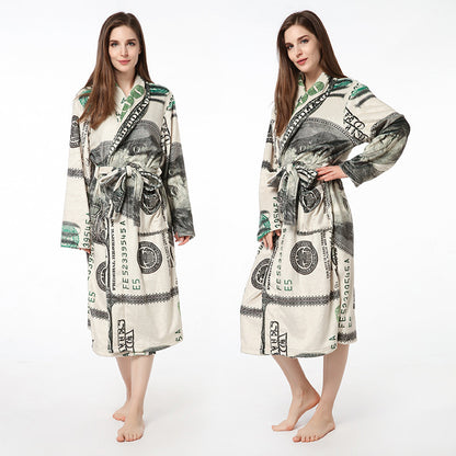 Casual Dollar Print Fleece Warm Sleepwear Night Gown