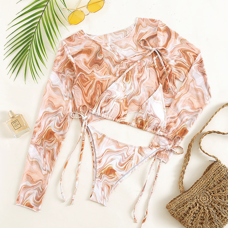 Sexy Long Sleeves Leopard Three Pieces Women Bikinis Swimwear