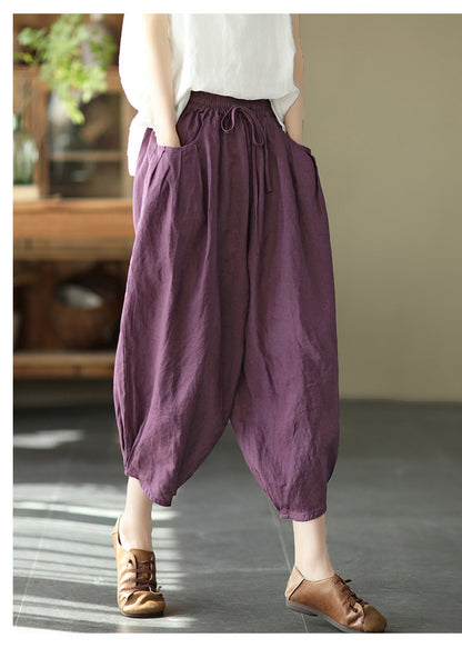 Vintage Elastic Waist Linen Summer Trousers for Women