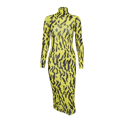 Sexy High Neck Yellow Leopard Long Sleeves Women Dresses