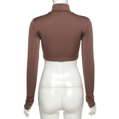 Sexy Long Sleeves High Neck Middriff Baring Women Tops