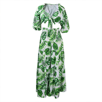 Casual Leaf Print Two Pieces Women Suits