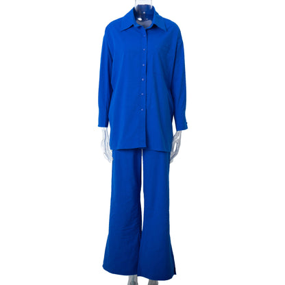 Casual Long Sleeves Shirts and Wide Legs Pants Suits