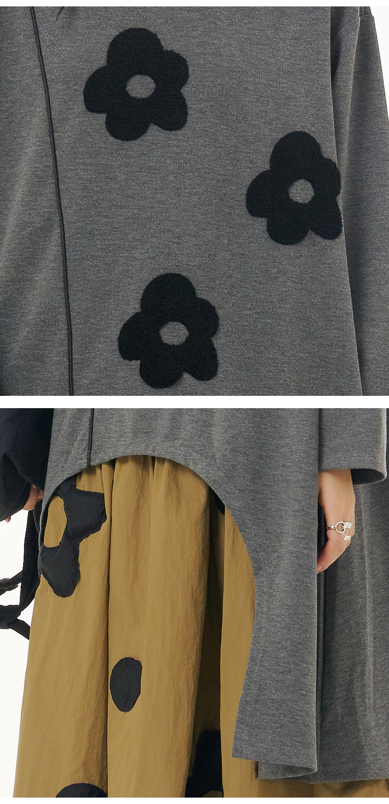 Gray Flowers Irregular Pullover Top Sweaters