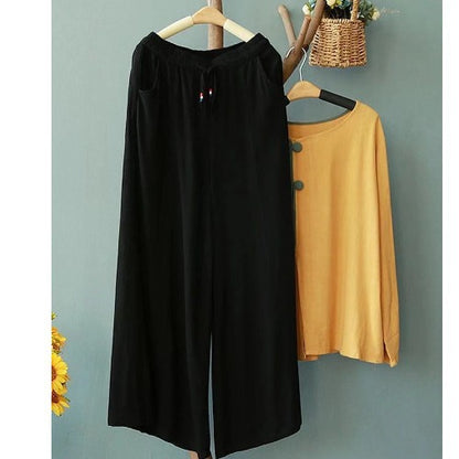 Vintage Linen Elastic Waist Summer Wide Legs Pants for Women