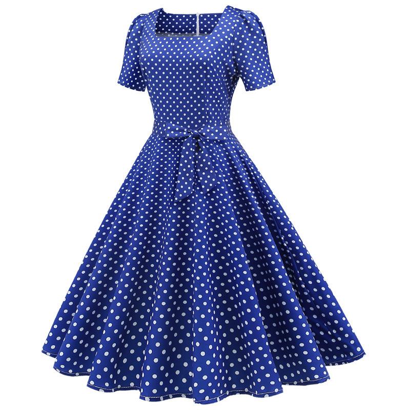 Short Sleeve Square Neckline Print Dot Dresses-STYLEGOING