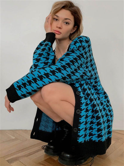 Women V Neck Kntting Plaid Long Sleeves Cardigan Overcoat-STYLEGOING