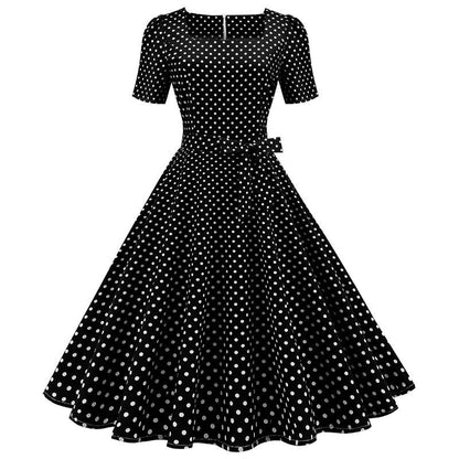 Short Sleeve Square Neckline Print Dot Dresses-STYLEGOING