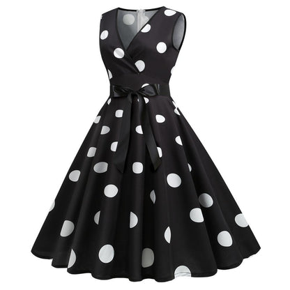 Casaul Sleeveless Dot Print Vintage Dresses-STYLEGOING