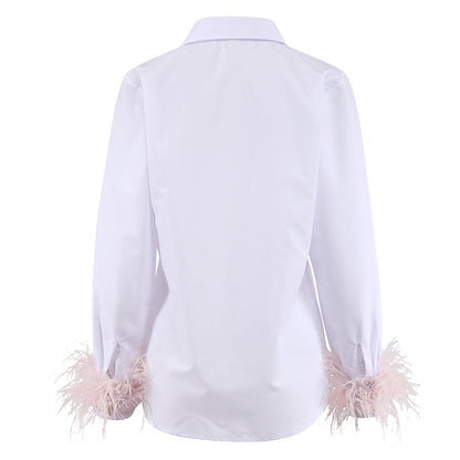 Fashion Women Long Sleeves Feather Design White Shirts