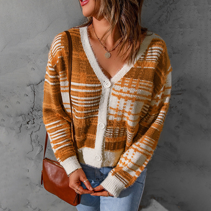 Orange Women Knitting Cardigan Sweaters