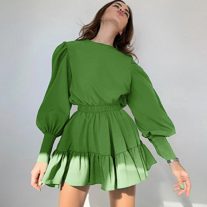Vintage Long Sleeves Elastic Waist Short Dresses