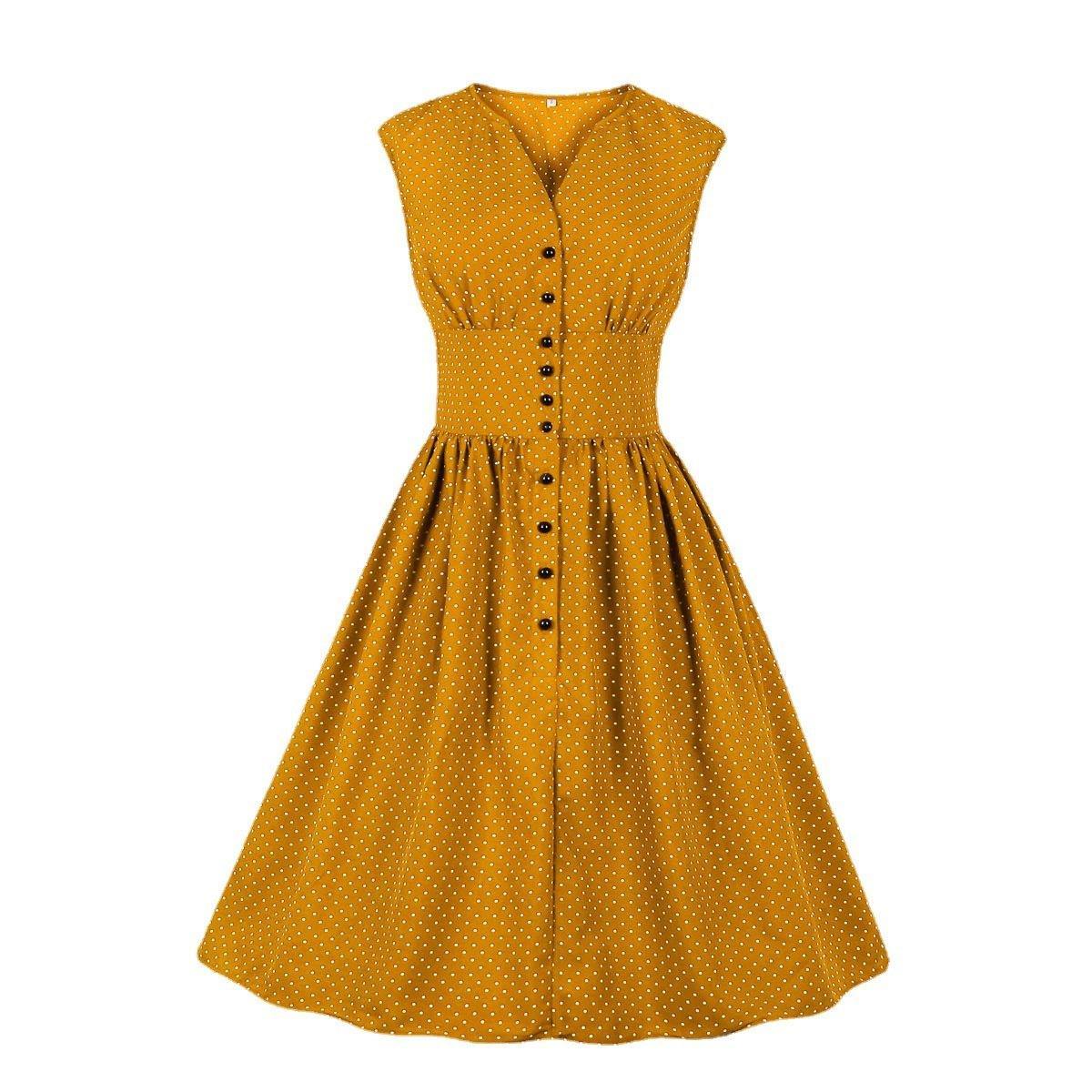 Women Sleeveless V Neck Dot Print Vintage Dresses with Buttons-STYLEGOING