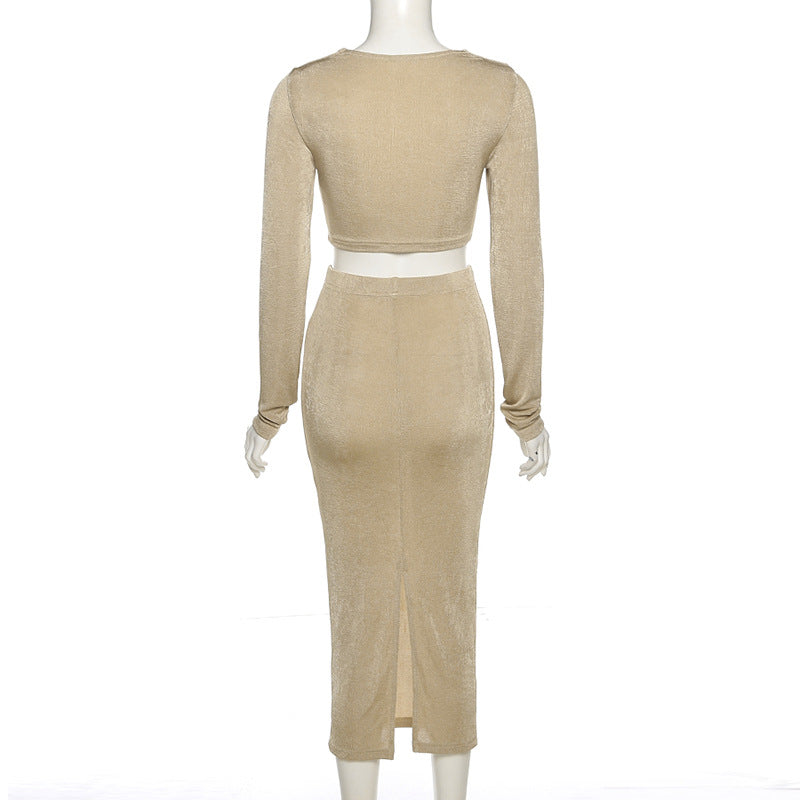 Sexy High Waist Long Sleeves Midriff Baring 2pcs/Set