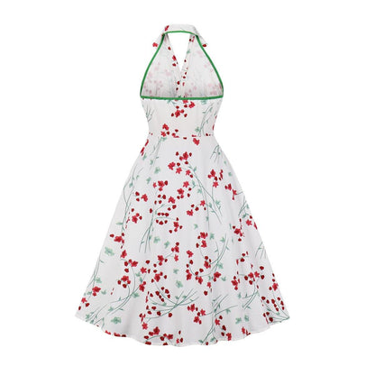 Halter Backless Floral Print Midi Length Dresses-STYLEGOING
