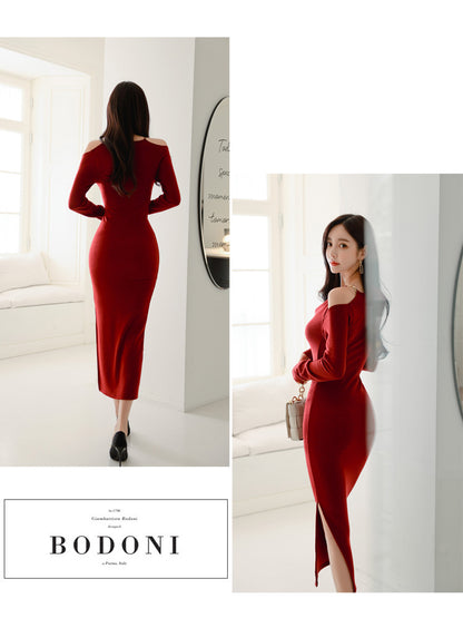 Classy Off The Shoulder Knitted Wine Red Party Dresses