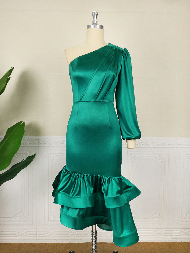 Designed One Shoulder Irregular Green Evening Party Dresses