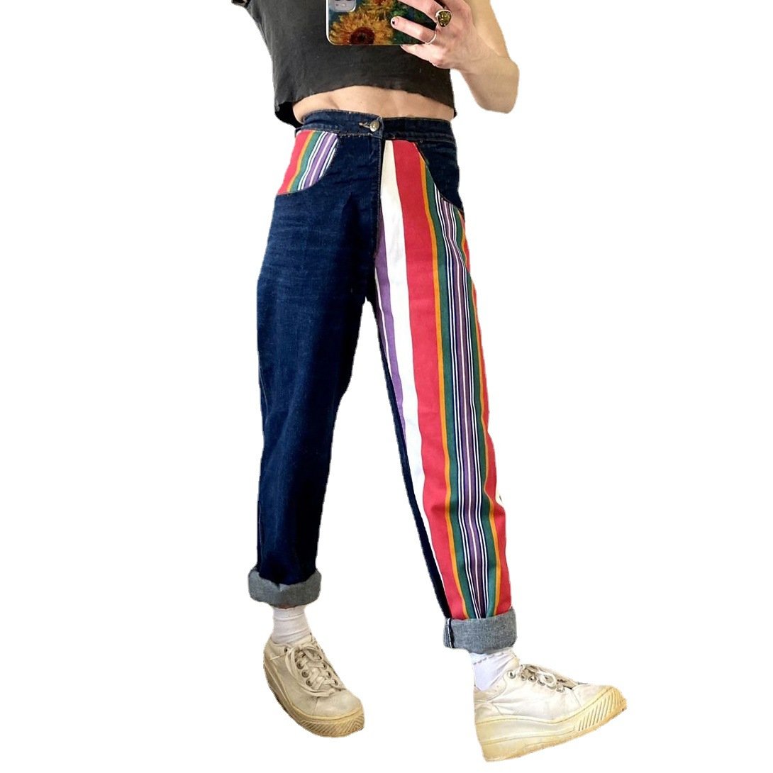 Women Bule Striped Demin Haren Pants-STYLEGOING