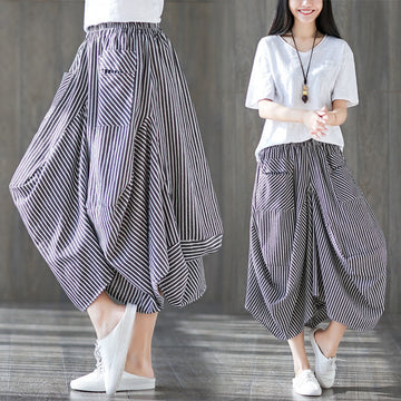 Summer Striped Elastic Waist Lantern Pants