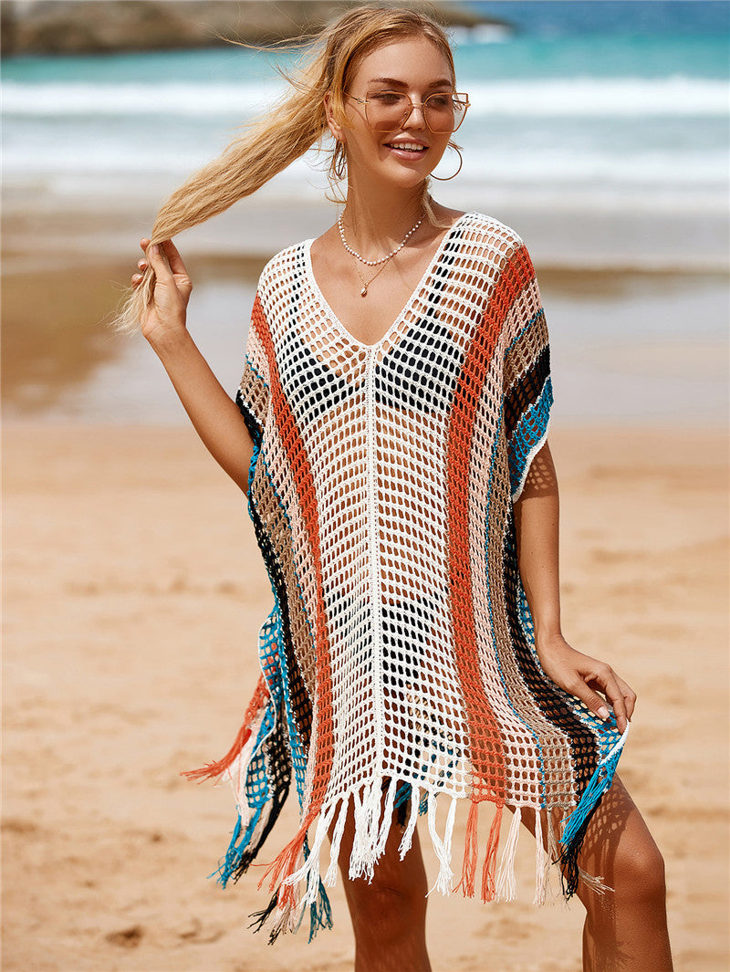 Colorful Knitting Crochet Tassels Swimwear Cover Ups for Women