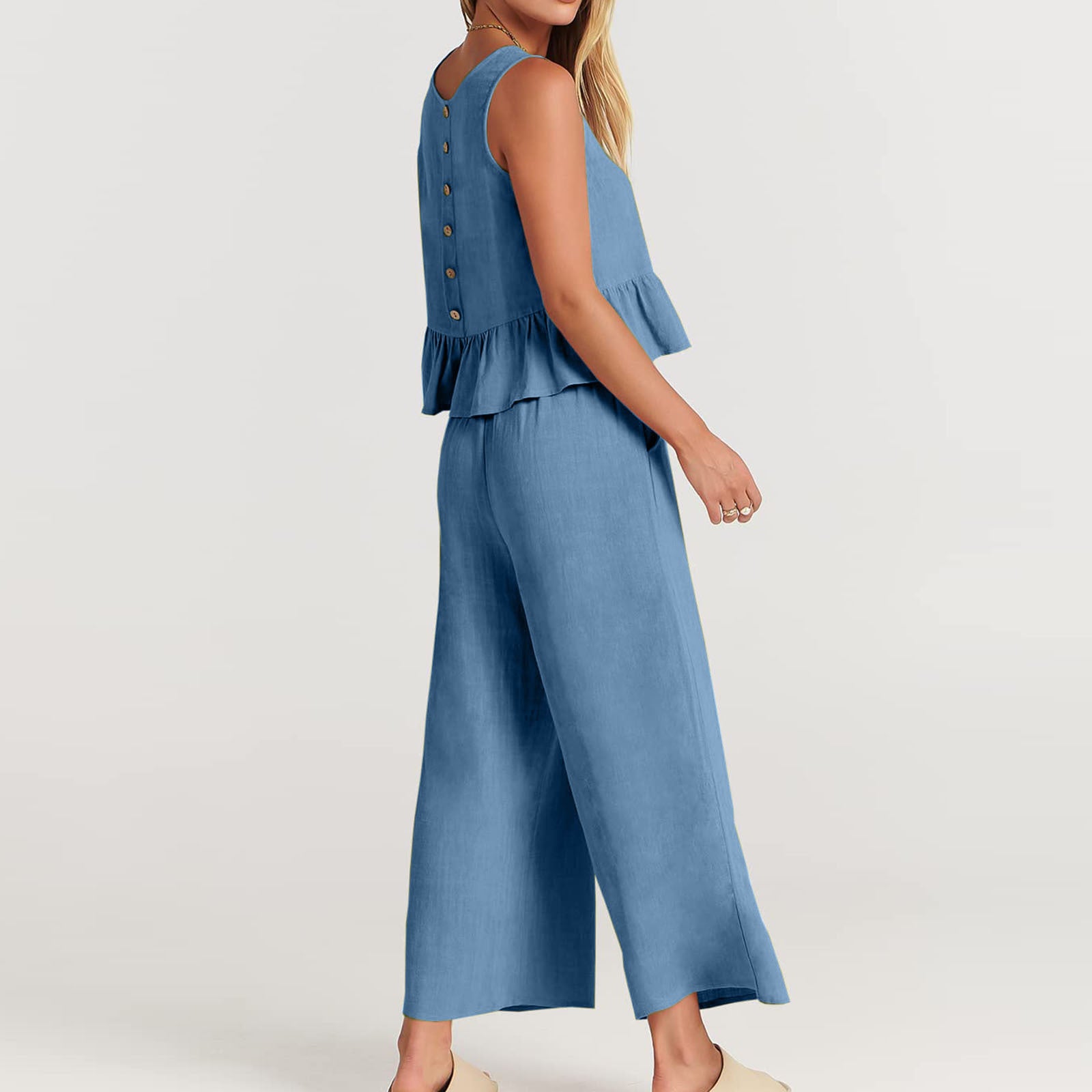 Summer Sleeveless Linen Two Pieces Women Suits