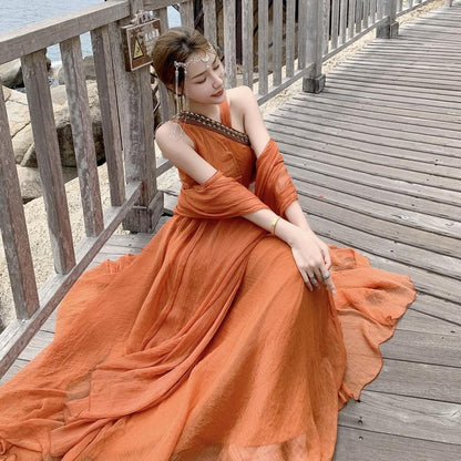 Orange Women Holiday Long Dresses-STYLEGOING