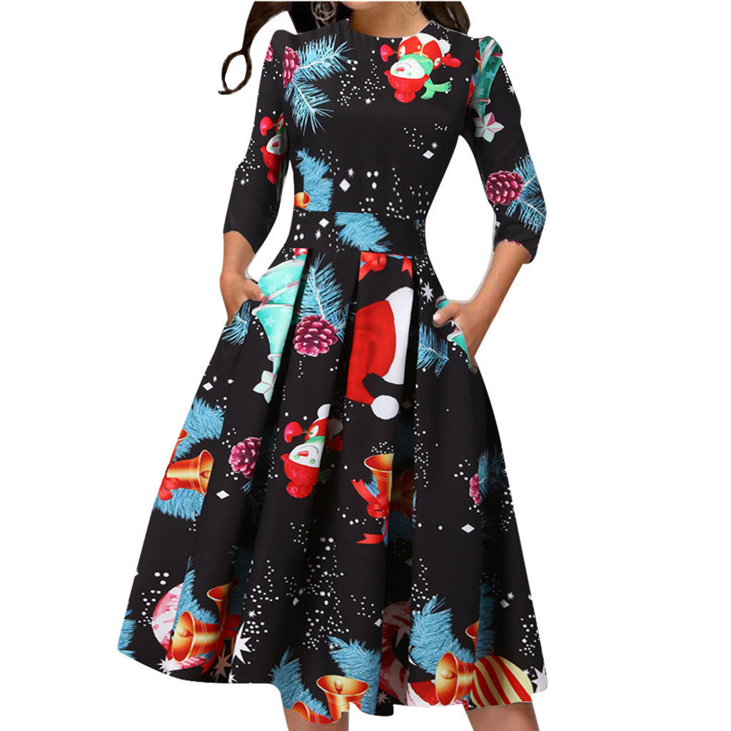 Merry Christmas Round Neck 3/4 Length Short Dresses