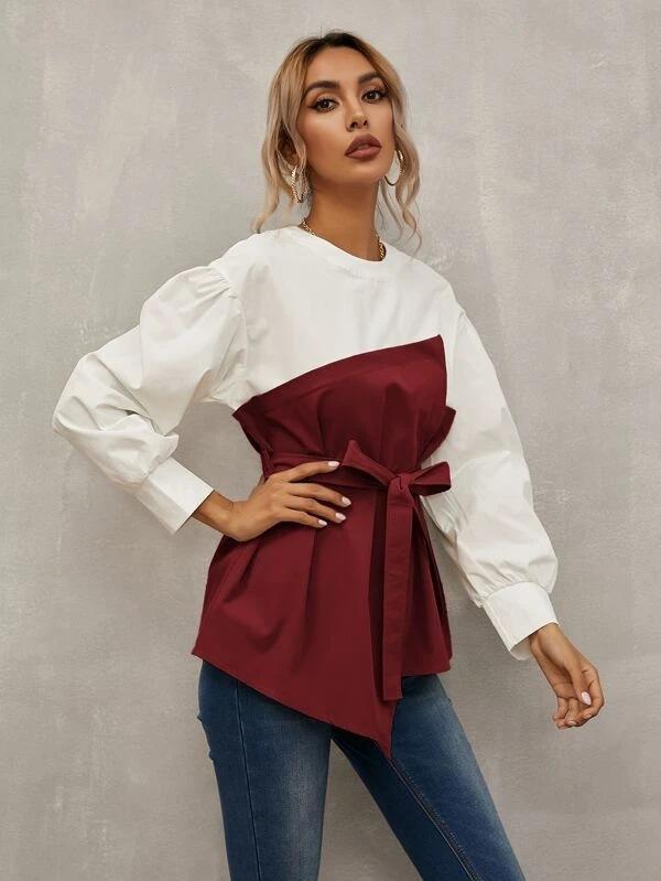 Long Puff Sleeves Belt Loose Shirts-STYLEGOING
